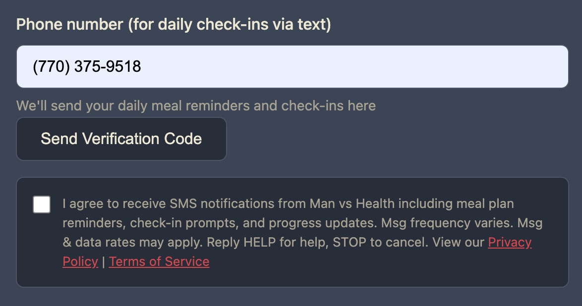 Step 1: Phone number entry with SMS consent checkbox (unchecked)